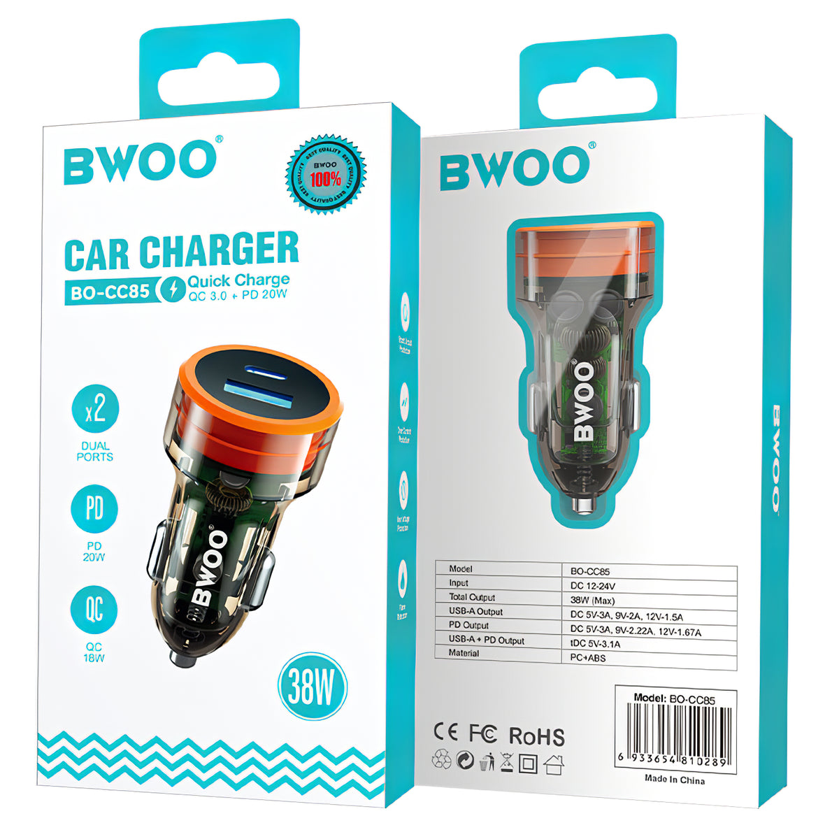 Avtomobilski polnilnik BWOO BO-CC85, 38 W, 3A, 1 x USB-A - 1 x USB-C, črn