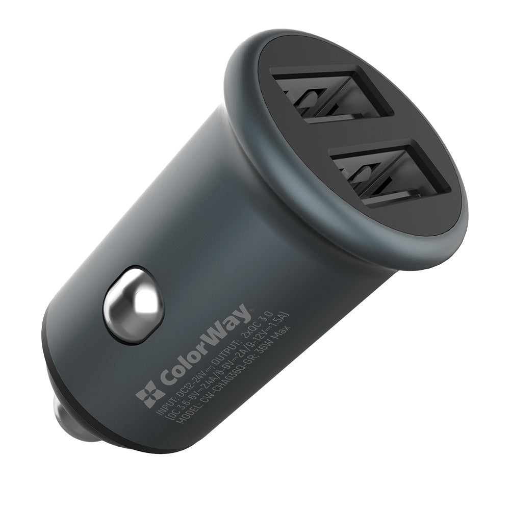Avtomobilski polnilec ColorWay, 36W, 3A, 2 x USB-A, Siv