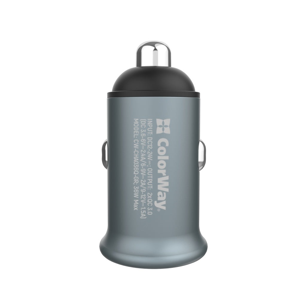 Avtomobilski polnilec ColorWay, 36W, 3A, 2 x USB-A, Siv