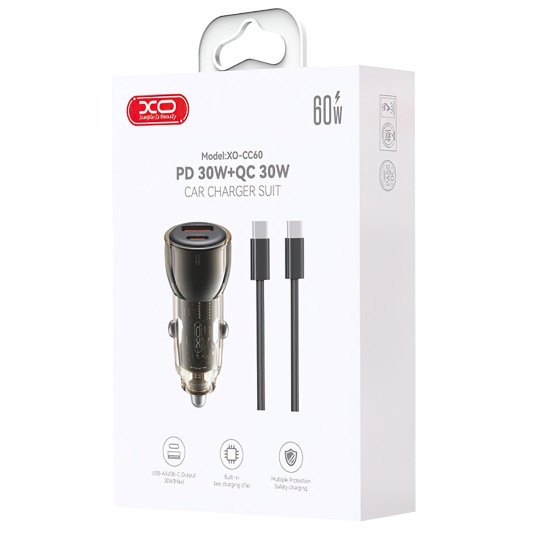Avtomobilski polnilec z USB-C kablom XO Design CC60, 60W, 3A, 1 x USB-A - 1 x USB-C, črn