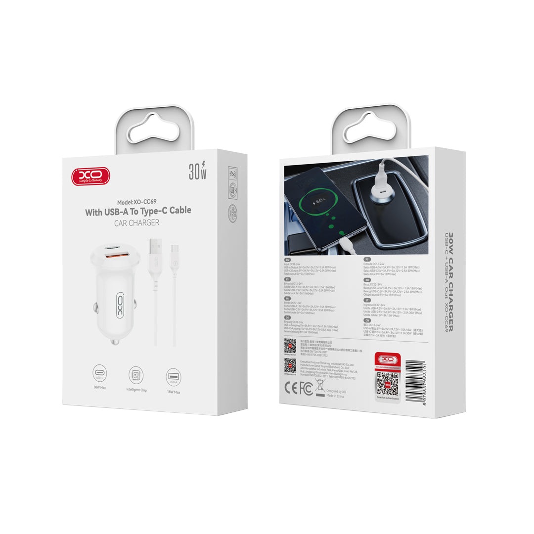 Avtomobilski polnilec s kablom USB-C XO Design CC69, 30W, 3A, 1 x USB-A - 1 x USB-C, Bel