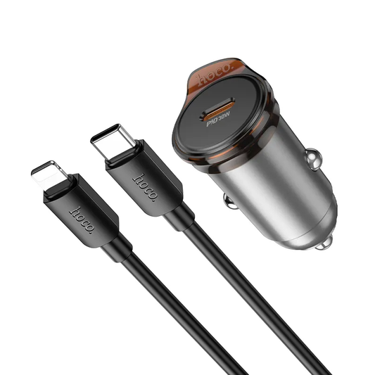Avtomobilski polnilec s kablom Lightning HOCO NZ16, 30W, 3A, 1 x USB-C, Siv