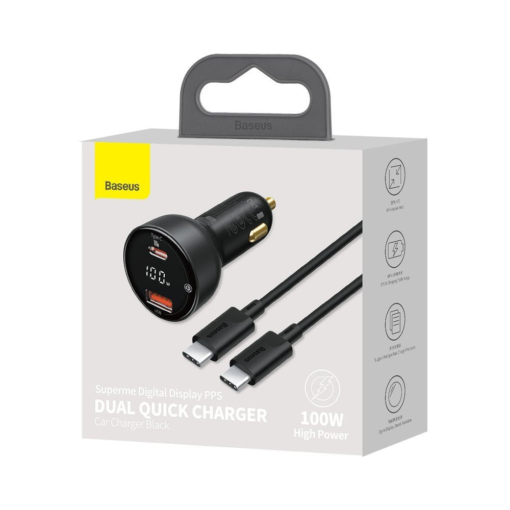 Avtomobilski polnilec z USB-C kablom Baseus Superme, 100W, 5A, 1 x USB-A - 1 x USB-C, Črn TZCCZX-01