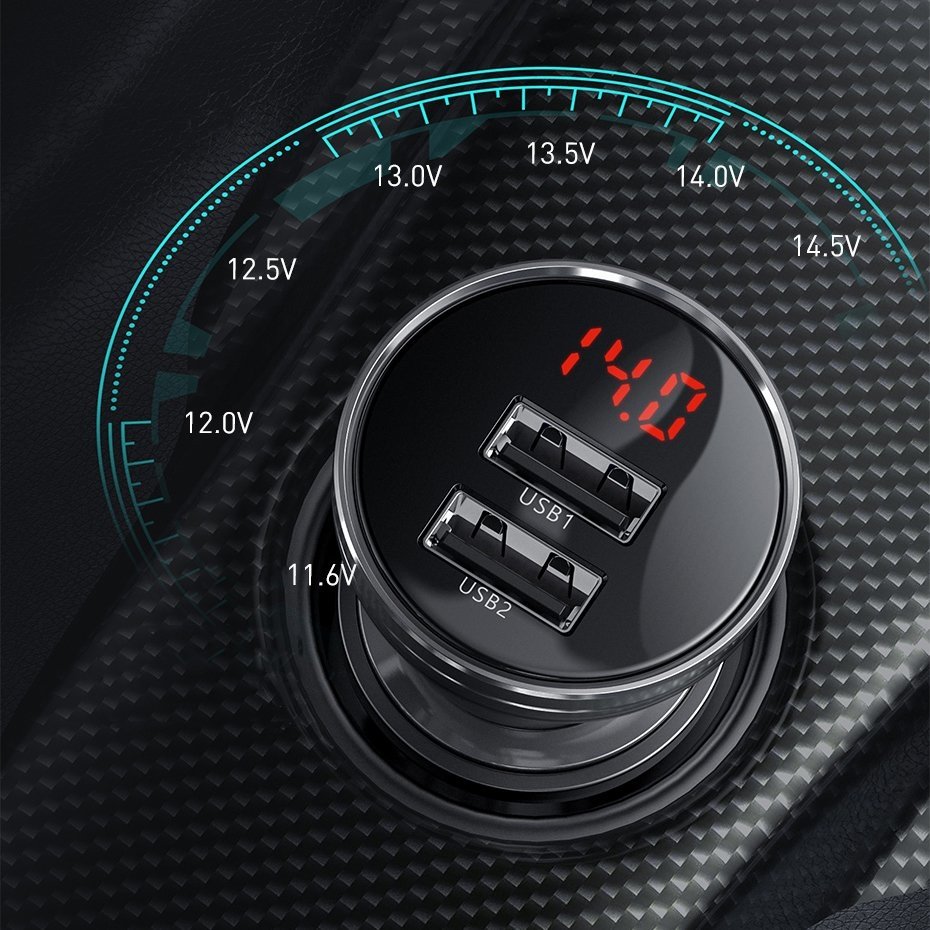 Avtomobilski polnilnik s kablom Lightning - microUSB - USB-C Baseus Digital Display, 24 W, 2,4 A, 2 x USB-A, siv TZCCBX-0G TZCCBX-0G