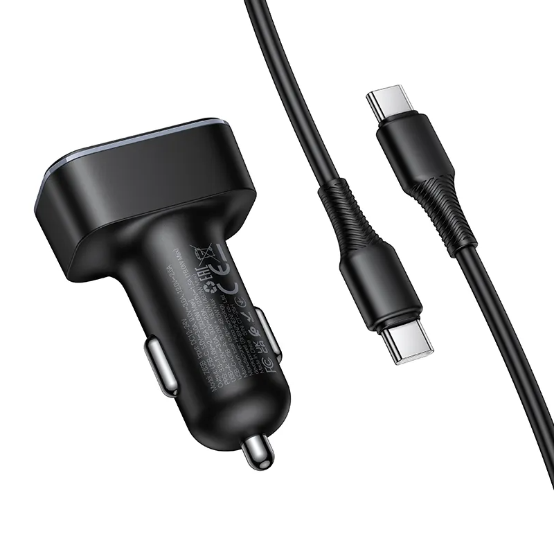 Avtomobilski polnilec s kablom USB-C HOCO Z63B Display, 48W, 3A, 1 x USB-A - 1 x USB-C, črn