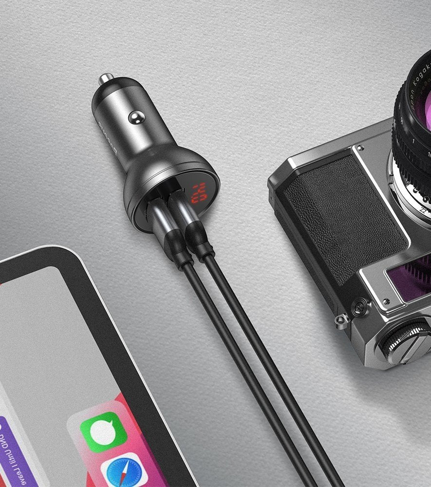 Avtomobilski polnilnik s kablom Lightning - microUSB - USB-C Baseus Digital Display, 24 W, 2,4 A, 2 x USB-A, siv TZCCBX-0G TZCCBX-0G