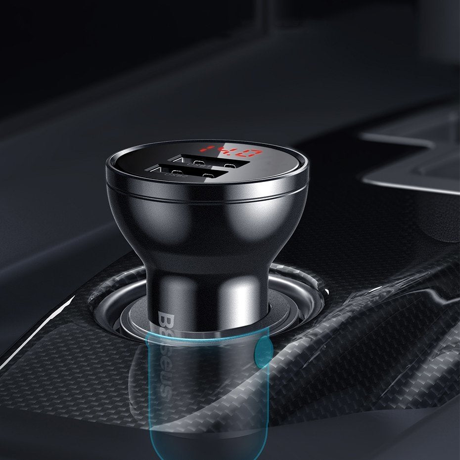 Avtomobilski polnilnik s kablom Lightning - microUSB - USB-C Baseus Digital Display, 24 W, 2,4 A, 2 x USB-A, siv TZCCBX-0G TZCCBX-0G