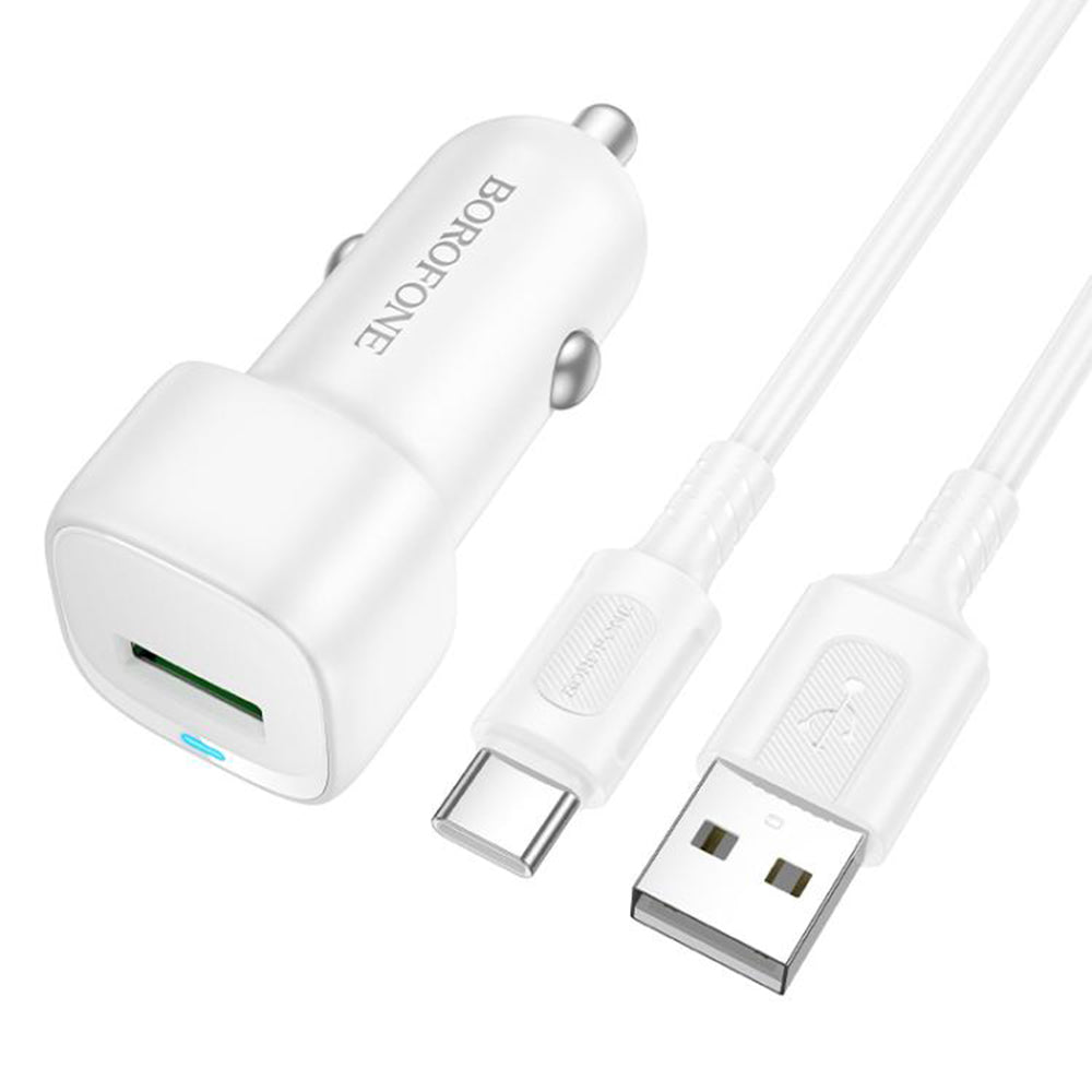 Avtomobilski polnilec z USB-C kablom Borofone BZ34 Cloud, 18W, 3A, 1 x USB-A, Bel
