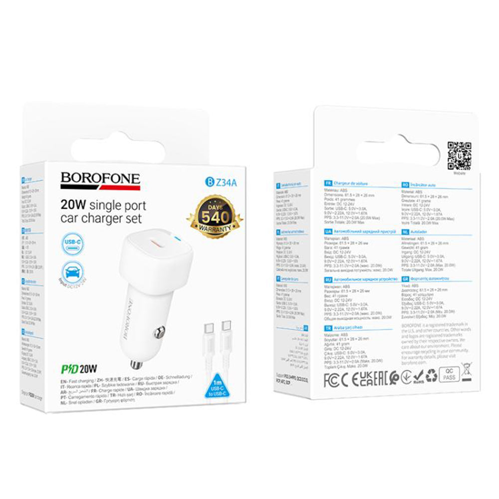 Avtomobilski polnilec z USB-C kablom Borofone BZ34A Cloud, 20W, 3A, 1 x USB-C, Bel