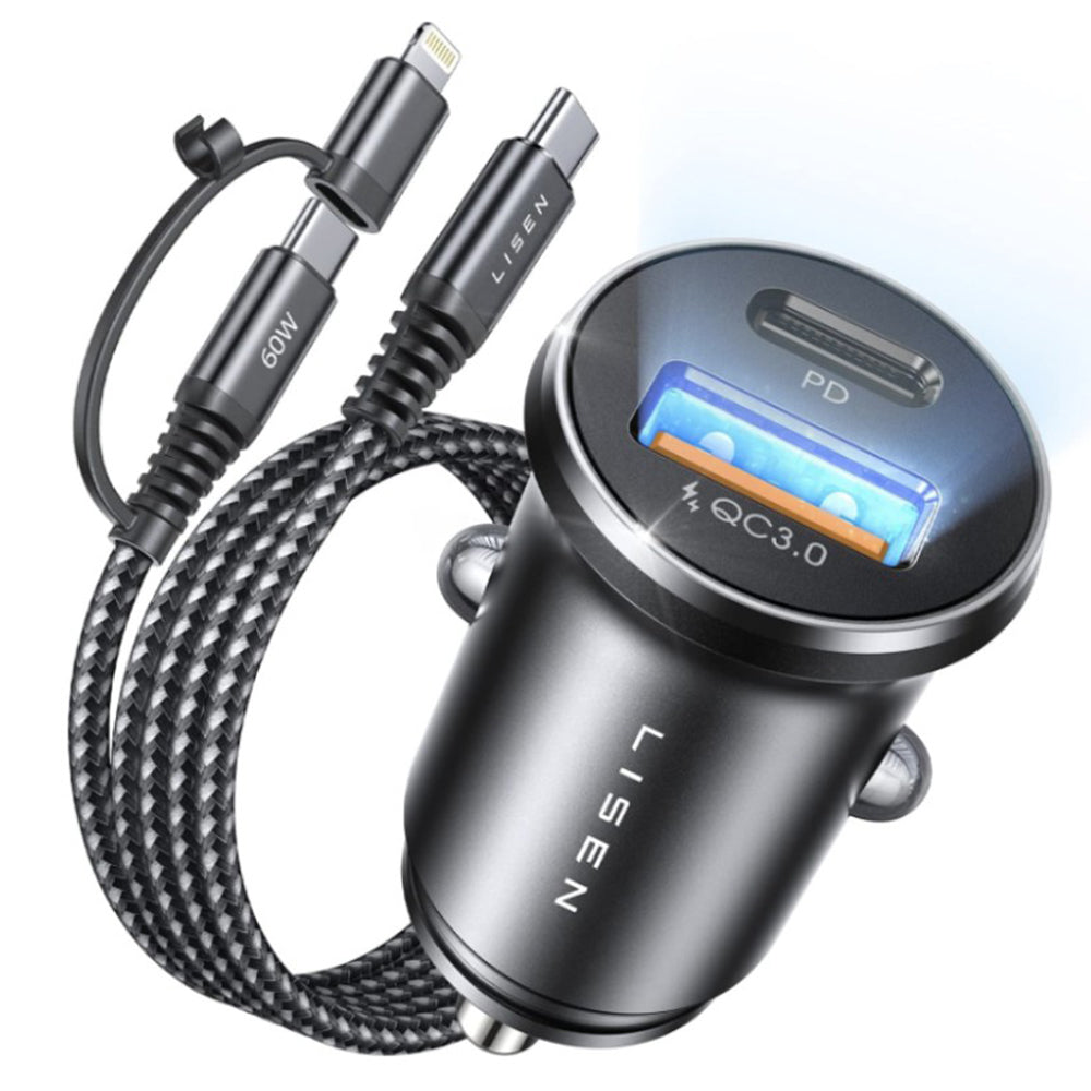 Avtomobilski polnilec z USB-C / Lightning kablom Lisen, 48W, 3A, 1 x USB-A - 1 x USB-C, Črn YL0223080035