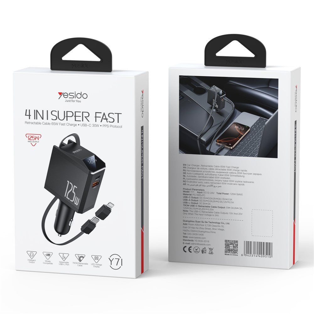 Avtomobilski polnilec z USB-C / Lightning kablom Yesido Y71 Display, 125W, 3A, 1 x USB-A - 1 x USB-C, črn
