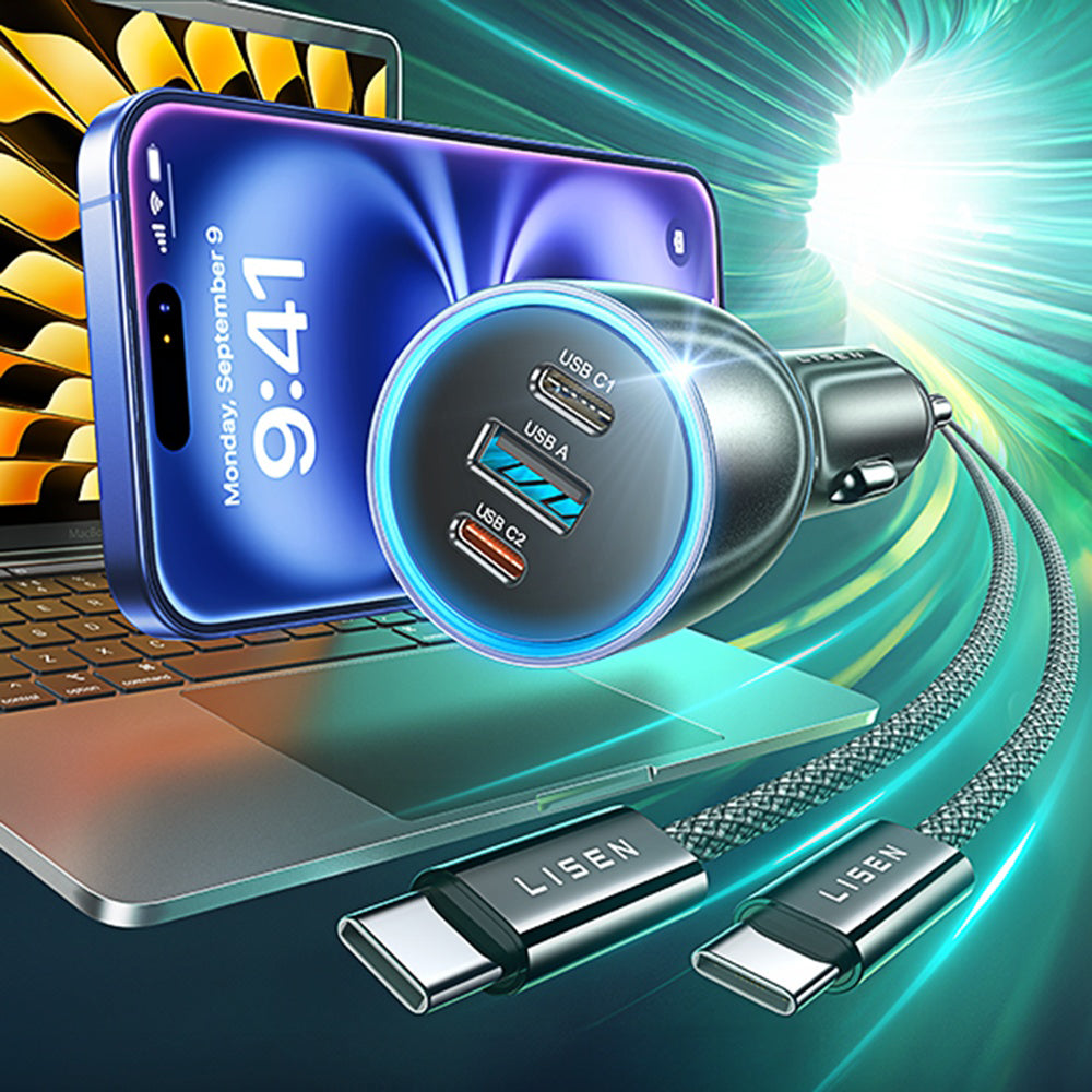 Avtomobilski polnilec z USB-C kablom Lisen, 170W, 5A, 1 x USB-A - 2 x USB-C, Črn YL0224010001