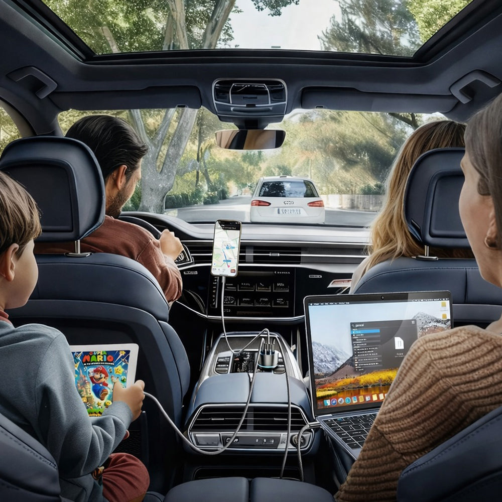 Avtomobilski polnilec z USB-C kablom Lisen, 170W, 5A, 1 x USB-A - 2 x USB-C, črn YL0225060006