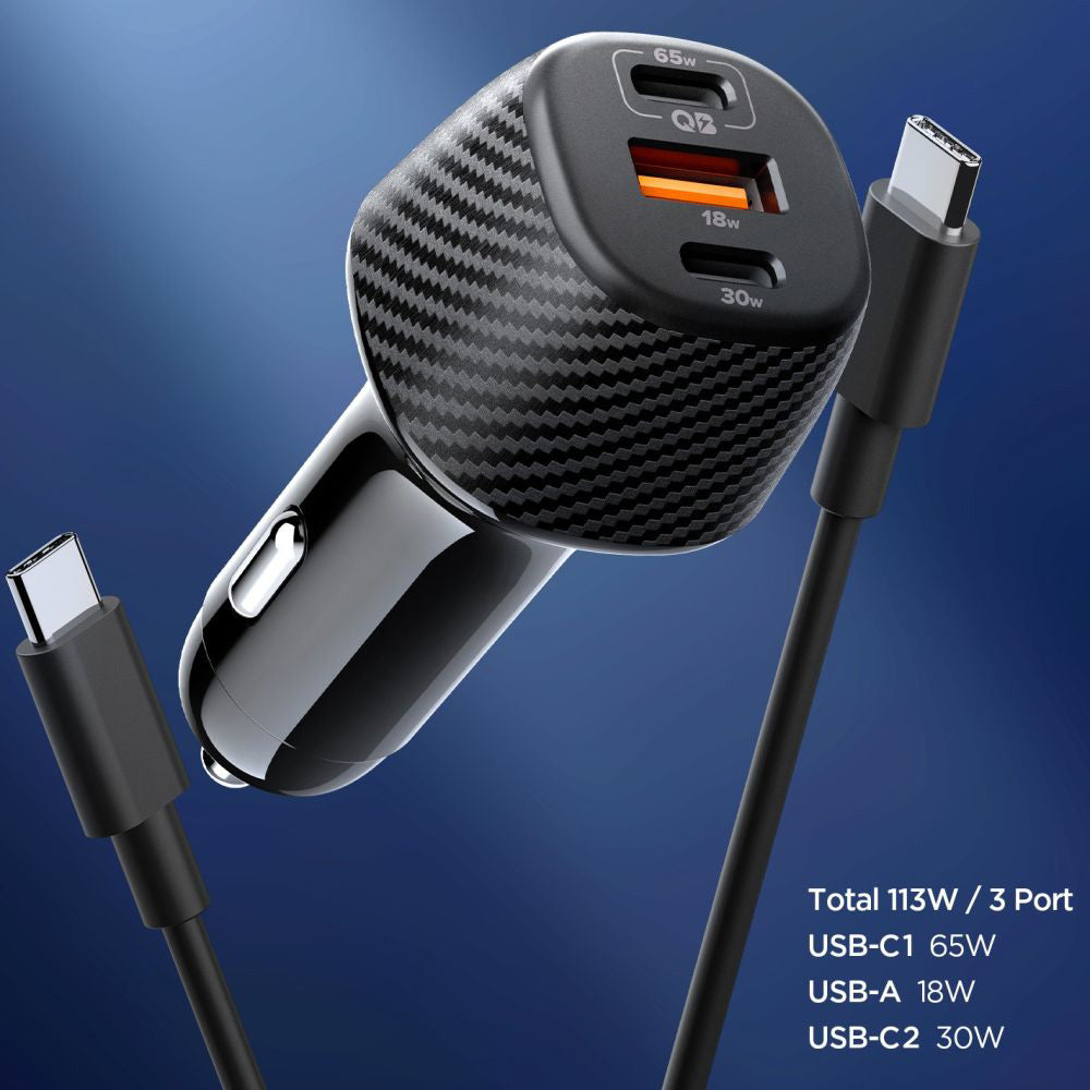 Avtomobilski polnilec s kablom USB-C Spigen EV1133, 113W, 3.25A, 1 x USB-A - 2 x USB-C, črn