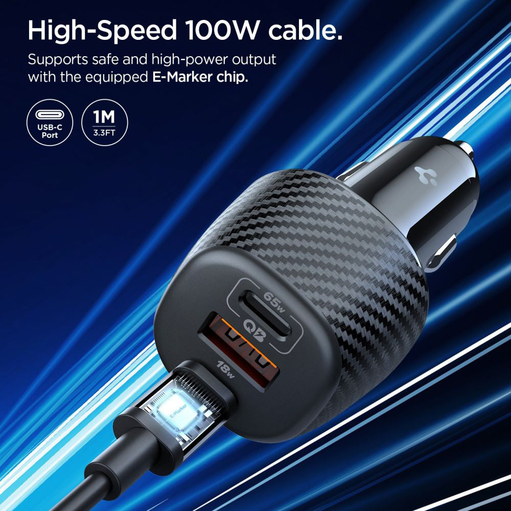 Avtomobilski polnilec s kablom USB-C Spigen EV1133, 113W, 3.25A, 1 x USB-A - 2 x USB-C, črn