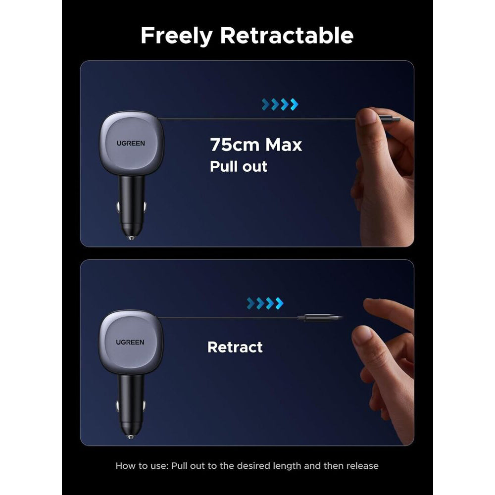 Avtomobilski polnilec z USB-C kablom UGREEN EC601, 75W, 3A, 1 x USB-A - 1 x USB-C, Siv