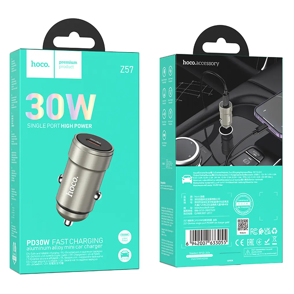 Avto polnilec HOCO Z57, 30W, 3A, 1 x USB-C, Siva