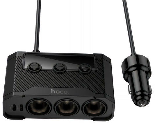 Avtomobilski polnilec HOCO Z64, 15.5W, 3.1A, 2 x USB-A - 2 x USB-C - 3 x Razširitev vžigalnika, Črn