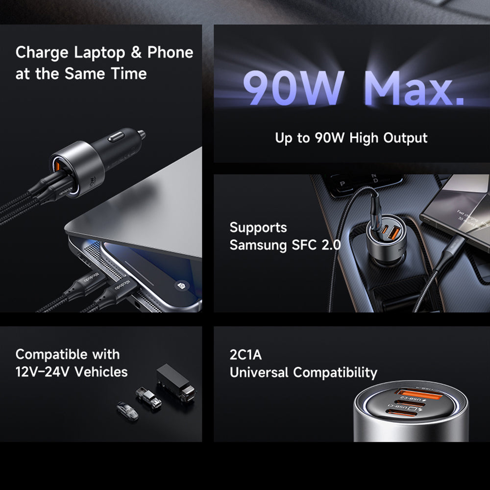 Avto polnilec McDodo CC-3110 Gana, 90W, 3A, 1 x USB-A - 2 x USB-C, Črn