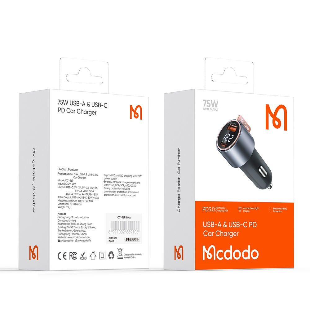 Avtomobilski polnilec McDodo CC-3690 Venus Display, 75W, 3A, 1 x USB-A - 1 x USB-C, črn
