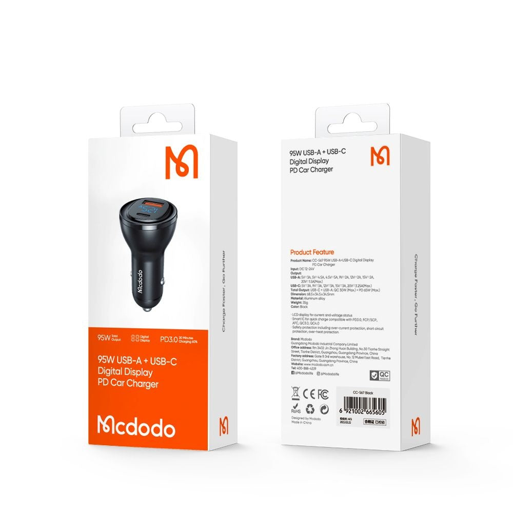 Avtomobilski polnilec McDodo CC-5670 Display, 95W, 5A, 1 x USB-A - 1 x USB-C, črn