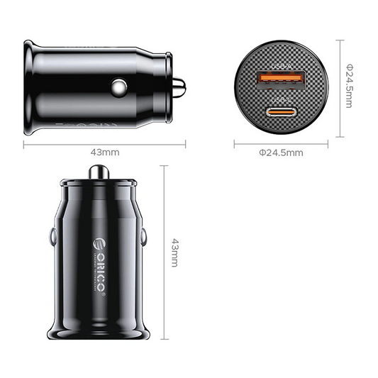 Avto polnilec Orico PowerMini, 30W, 3A, 1 x USB-A - 1 x USB-C, Črn