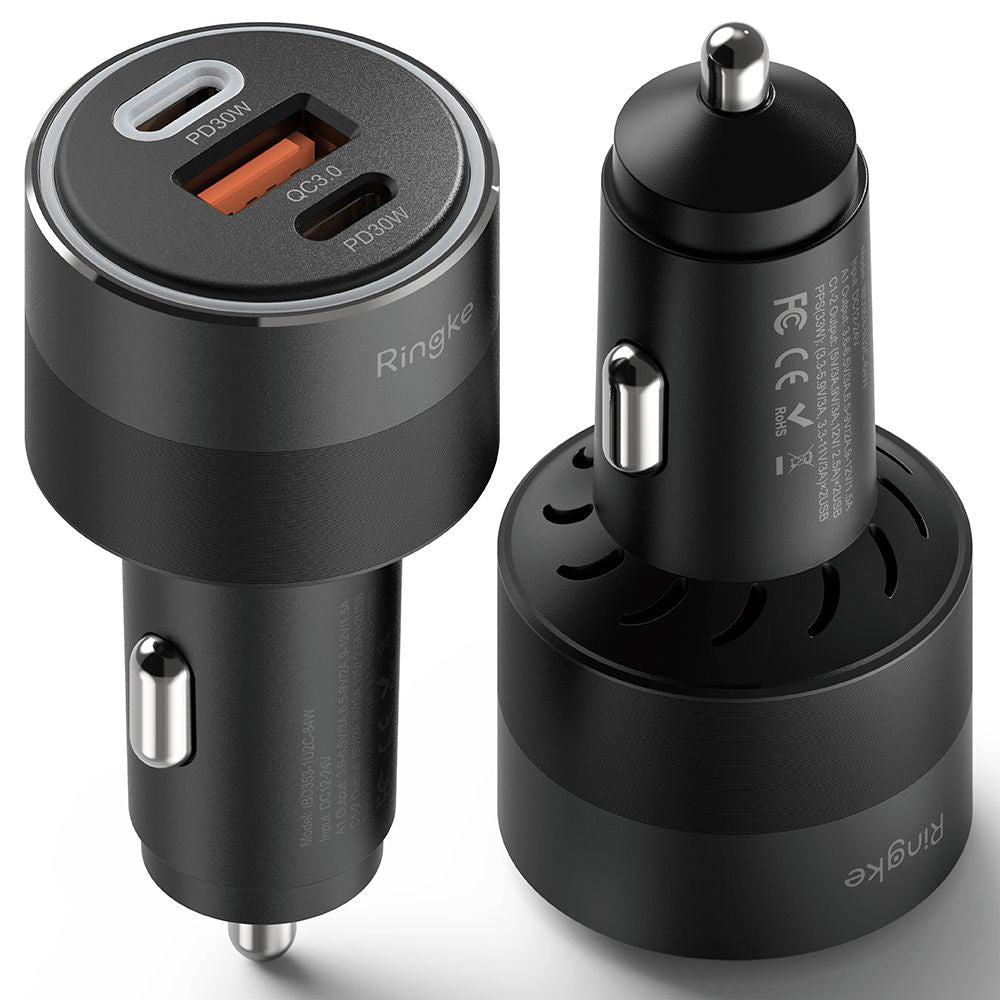 Avtomobilski polnilec Ringke, 30W, 3A, 1 x USB-A - 2 x USB-C, črn