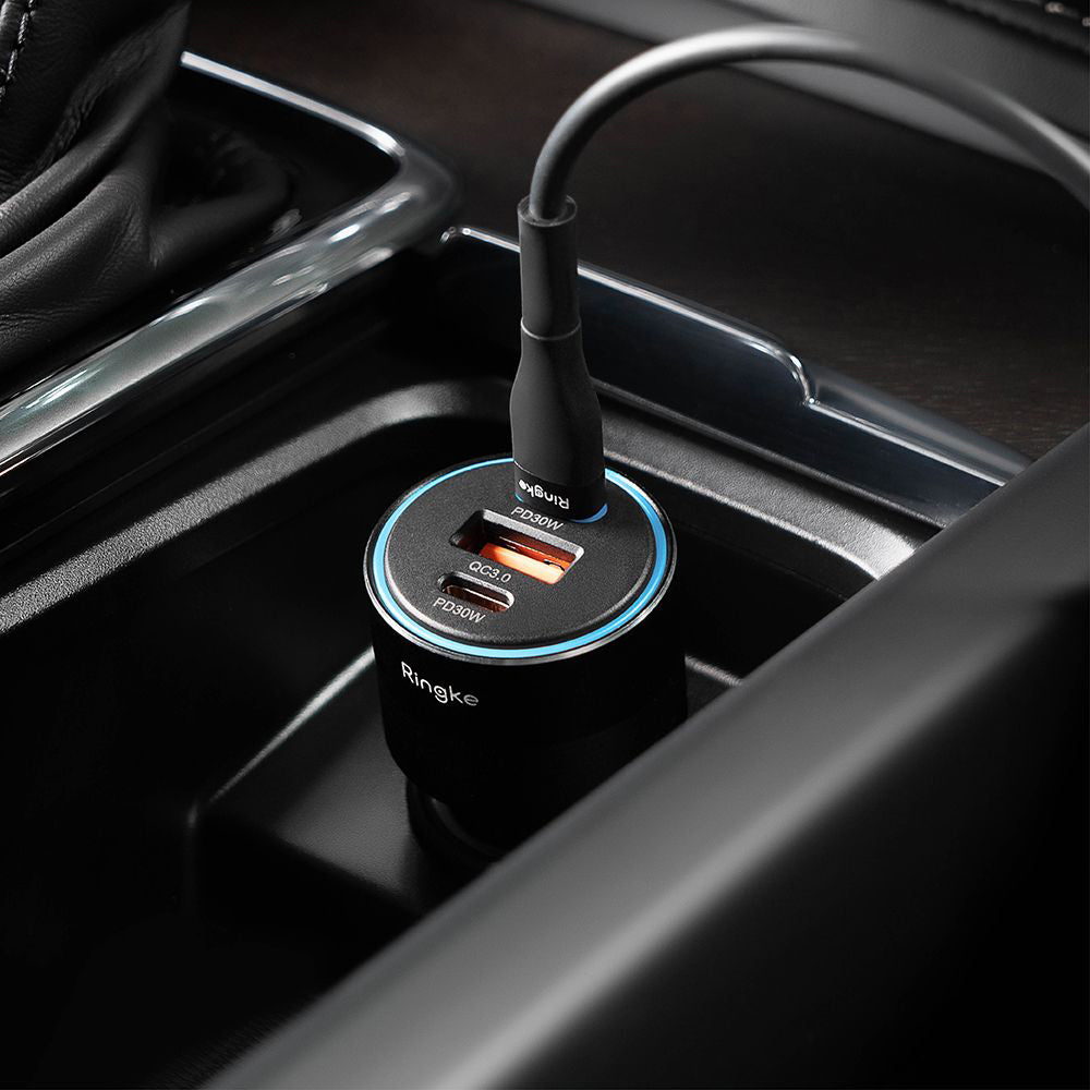 Avtomobilski polnilec Ringke, 30W, 3A, 1 x USB-A - 2 x USB-C, črn