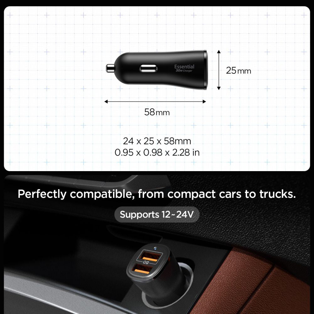 Avtomobilski polnilec Spigen EV302 Essential, 30W, 3A, 2 x USB-A, Črn ACP08700