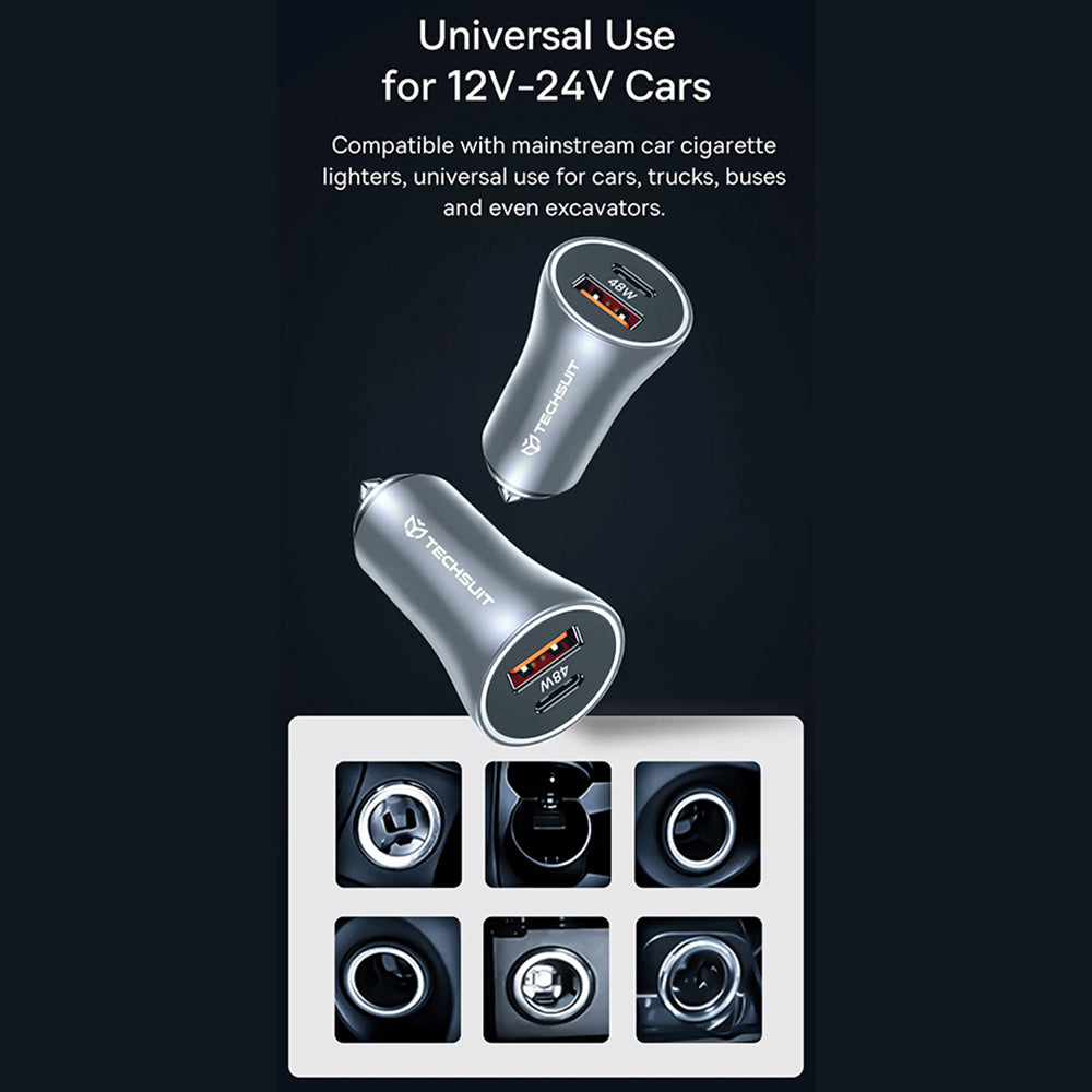 Avtomobilski polnilec Techsuit C3 RescueVolt, 48W, 3A, 1 x USB-A - 1 x USB-C, Siv