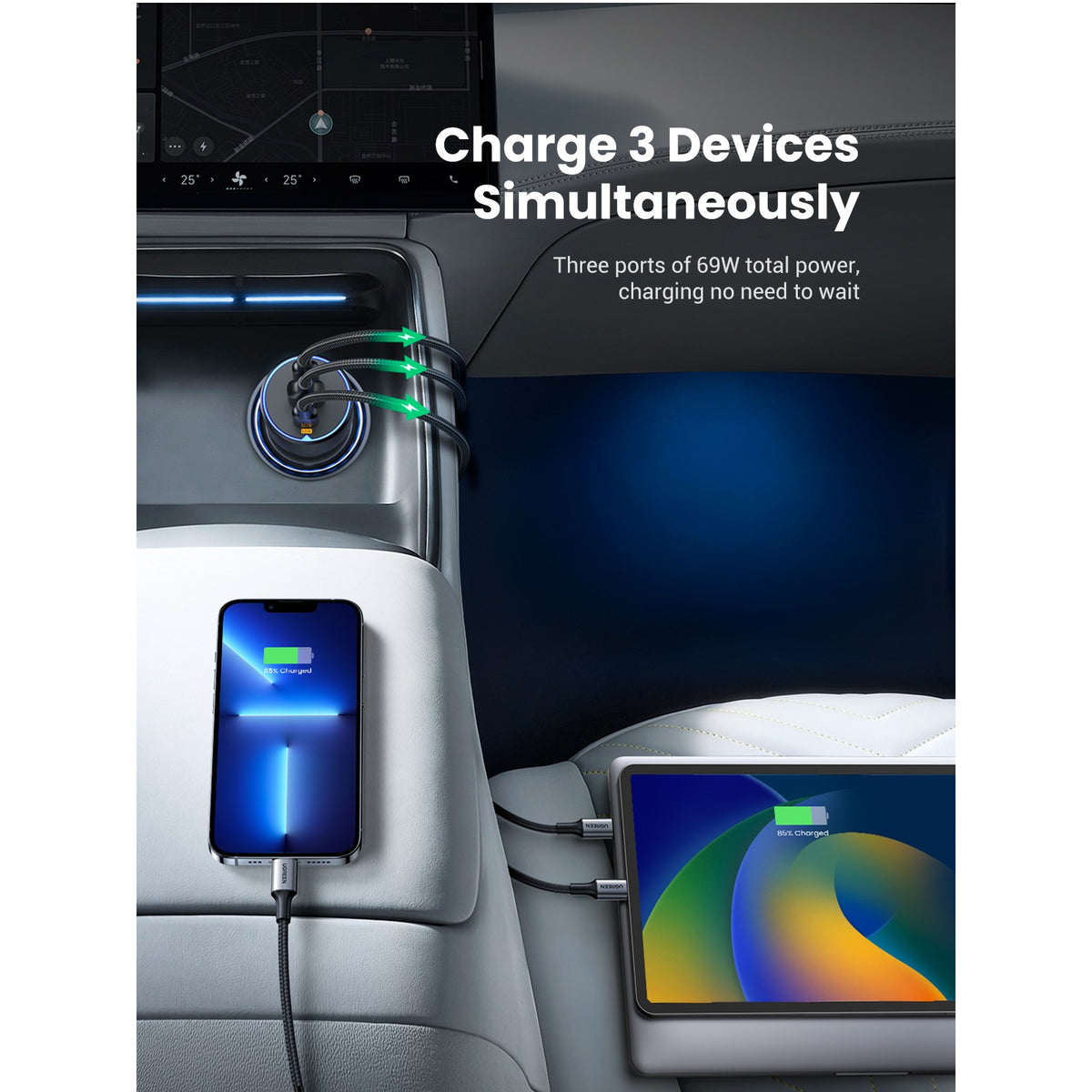Avtomobilski polnilec UGREEN EC703, 75W, 3.25A, 1 x USB-A - 2 x USB-C, Črn