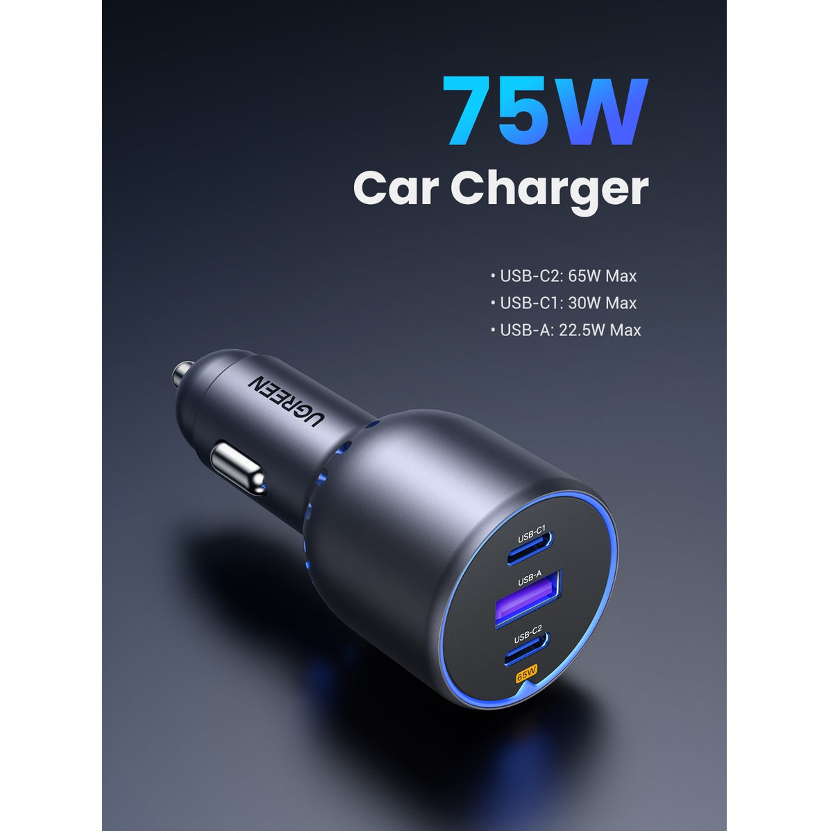 Avtomobilski polnilec UGREEN EC703, 75W, 3.25A, 1 x USB-A - 2 x USB-C, Črn