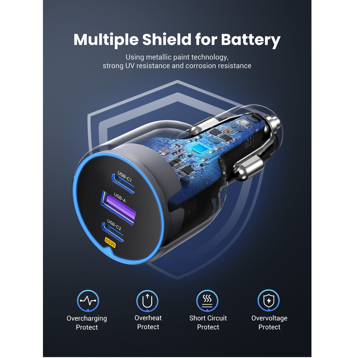 Avtomobilski polnilec UGREEN EC703, 75W, 3.25A, 1 x USB-A - 2 x USB-C, Črn
