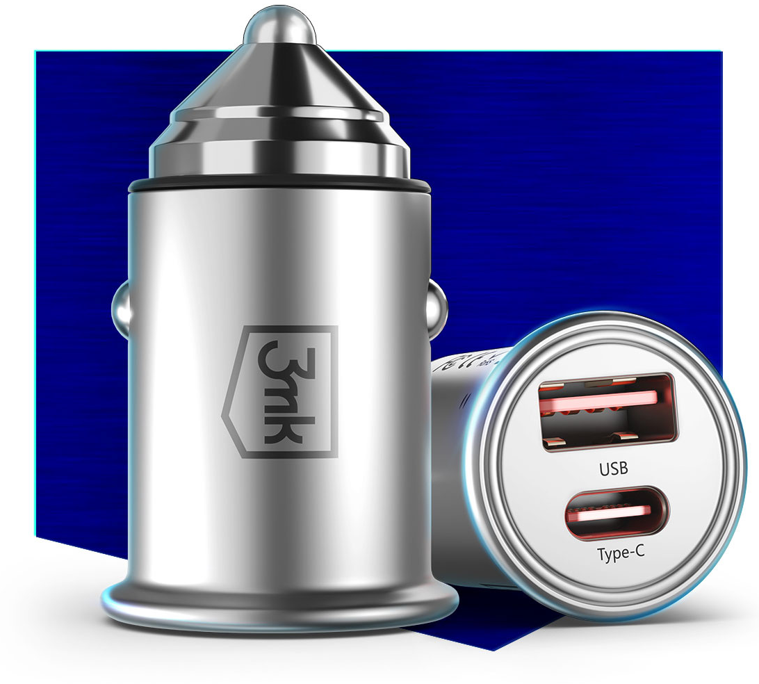 Avtomobilski polnilnik 3MK HyperCharger, 30 W, 5 A, 1 x USB-A - 1 x USB-C, srebrn