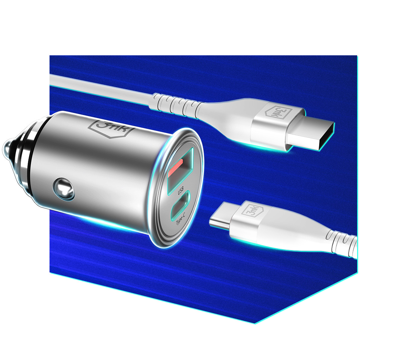 Avtomobilski polnilnik 3MK HyperCharger, 30 W, 5 A, 1 x USB-A - 1 x USB-C, srebrn