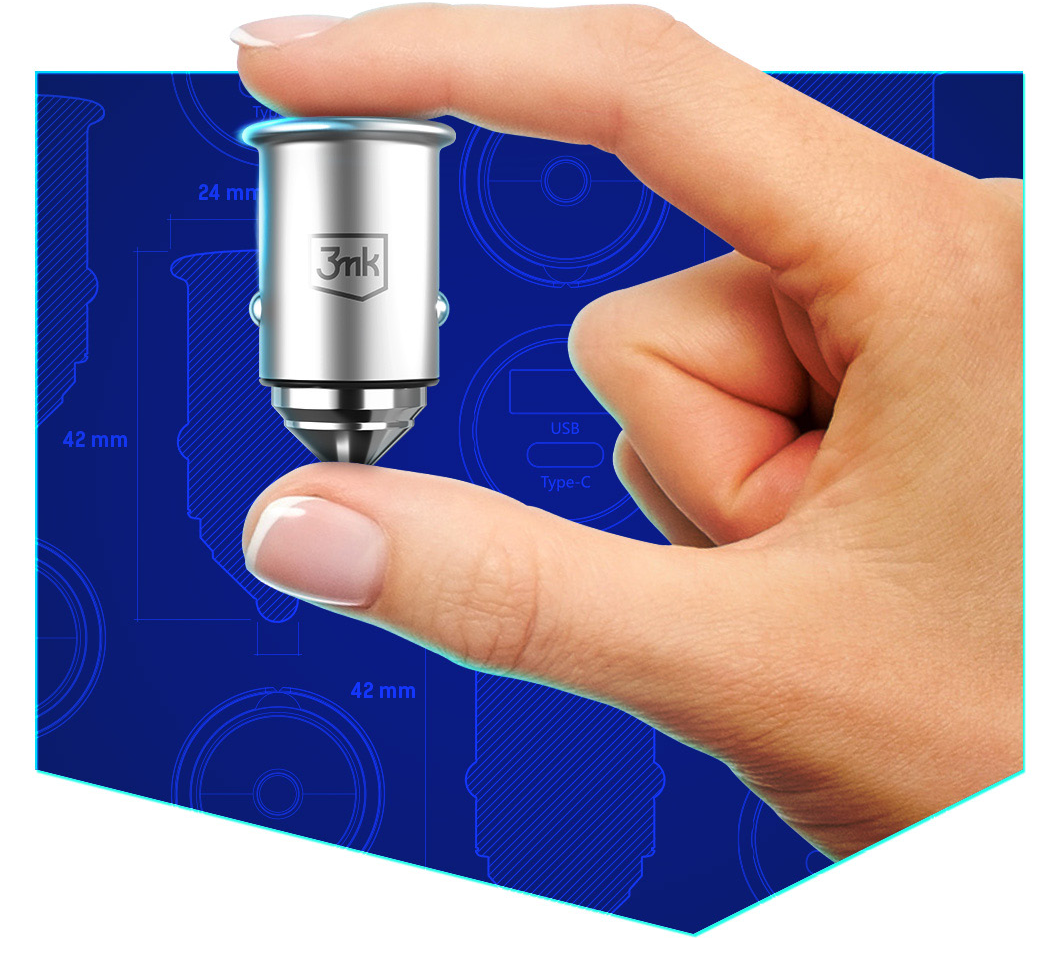 Avtomobilski polnilnik 3MK HyperCharger, 30 W, 5 A, 1 x USB-A - 1 x USB-C, srebrn