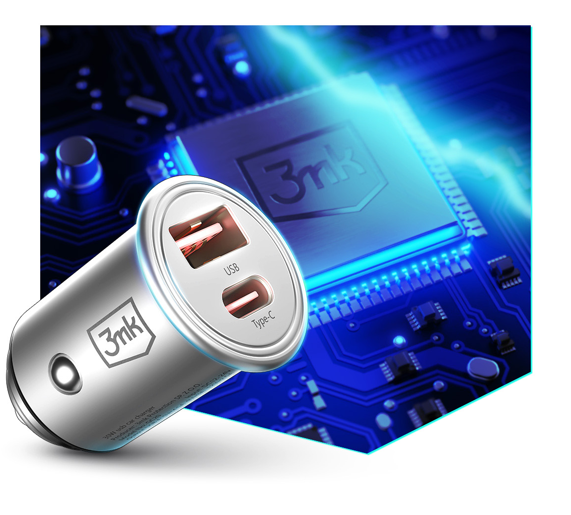 Avtomobilski polnilnik 3MK HyperCharger, 30 W, 5 A, 1 x USB-A - 1 x USB-C, srebrn