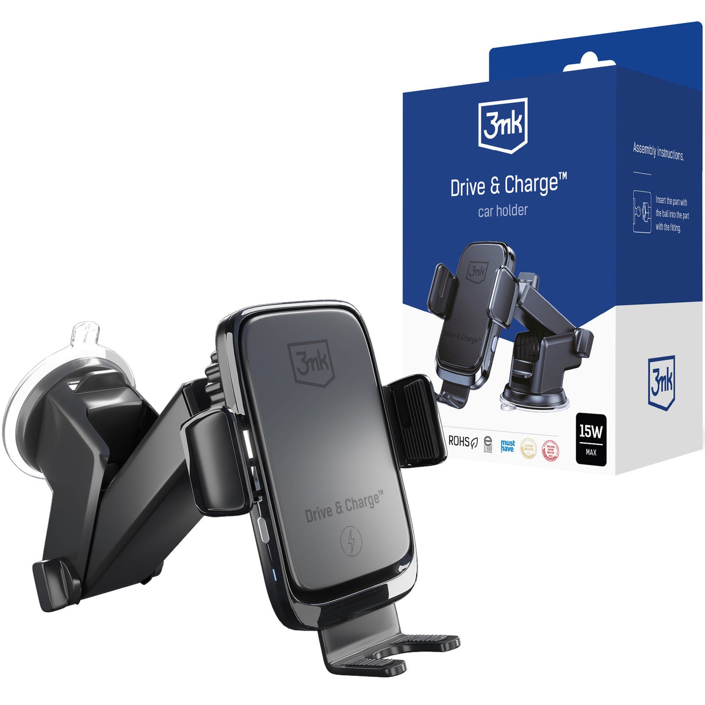Brezžični avtomobilski polnilec 3MK Drive&Charge, 15W, 1.67A, črn
