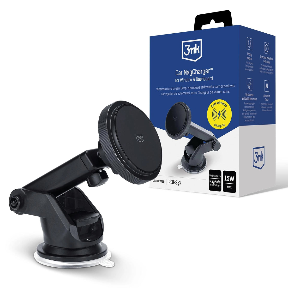 Brezžični avtomobilski polnilec 3MK MagCharger, 15W, 1.67A, črn