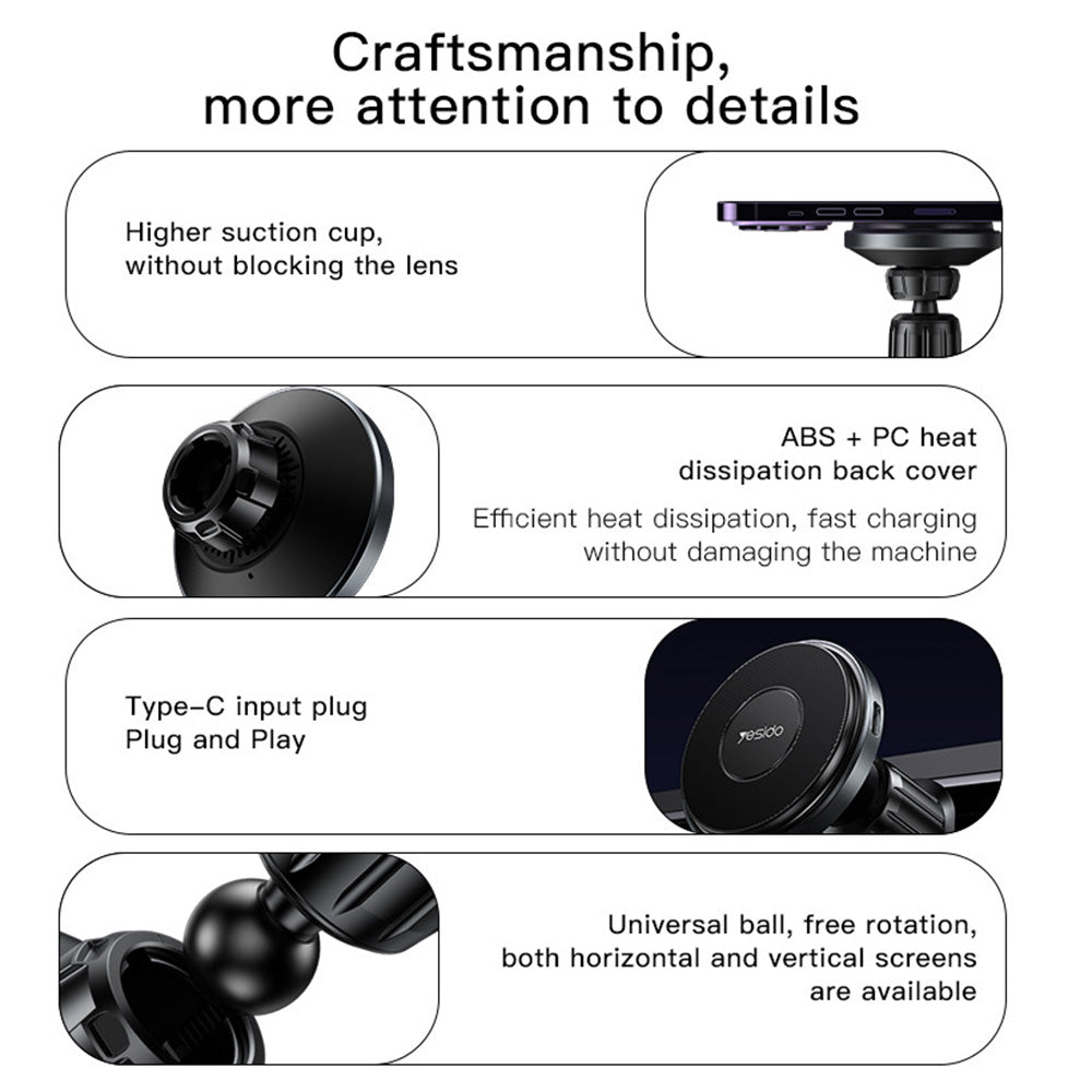 Brezžični avtomobilski polnilec Yesido C190, 15W, 1.67A, črn