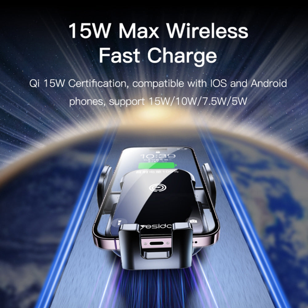 Brezžični avtomobilski polnilec Yesido C197, 15W, 1.67A, črn