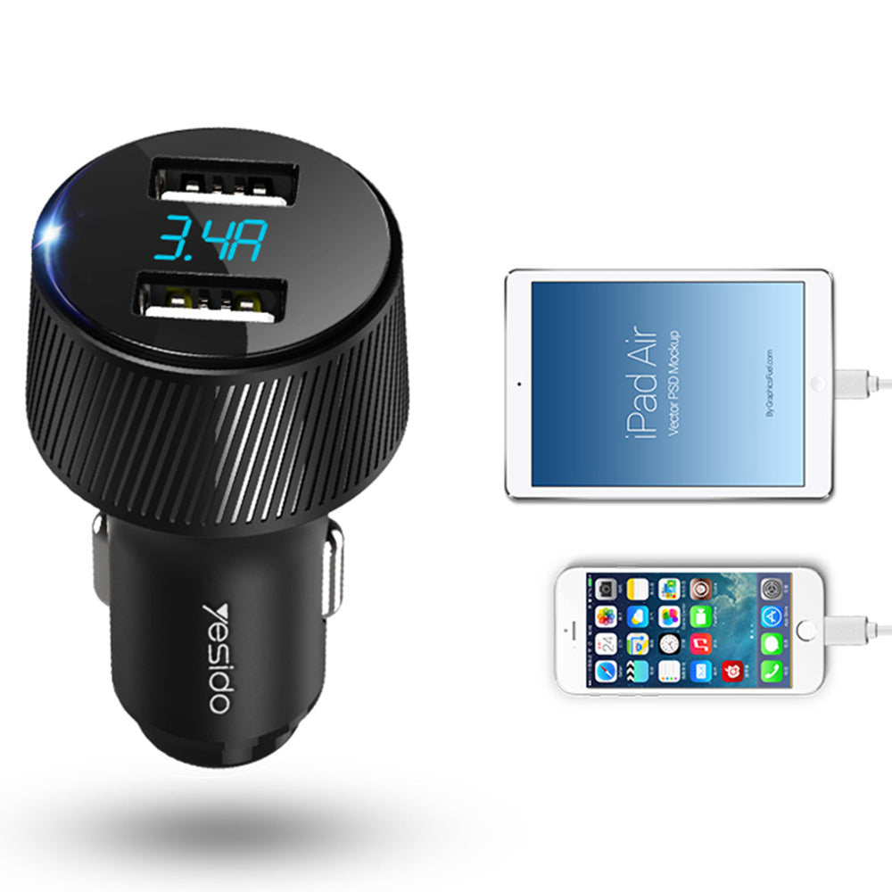 Avtomobilski polnilec Yesido Y31 Display, 18W, 3A, 2 x USB-A, Črn