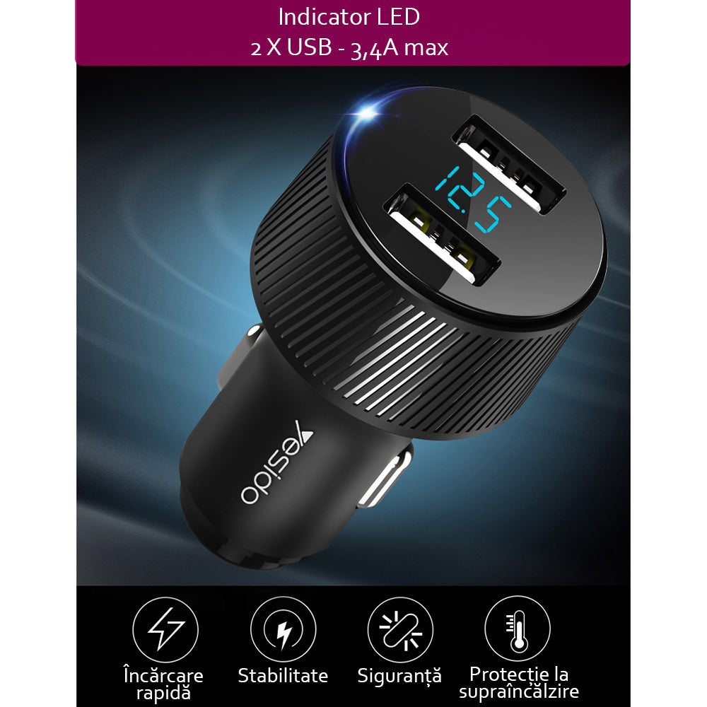Avtomobilski polnilec Yesido Y31 Display, 18W, 3A, 2 x USB-A, Črn