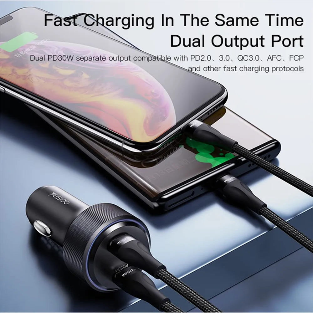 Yesido Y48 Car Charger, 60W, 3A, 2 x USB-C, Black