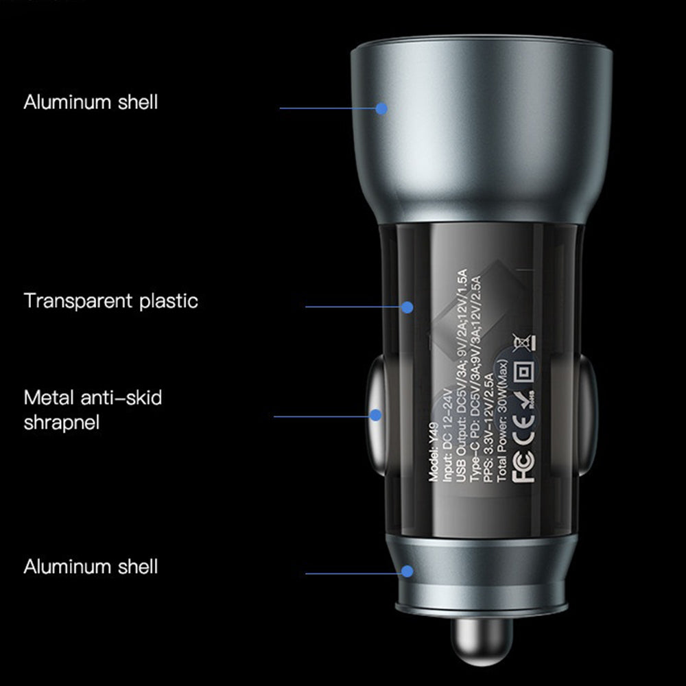 Avtomobilski polnilec Yesido Y49, 30W, 3A, 1 x USB-A - 1 x USB-C, Siv