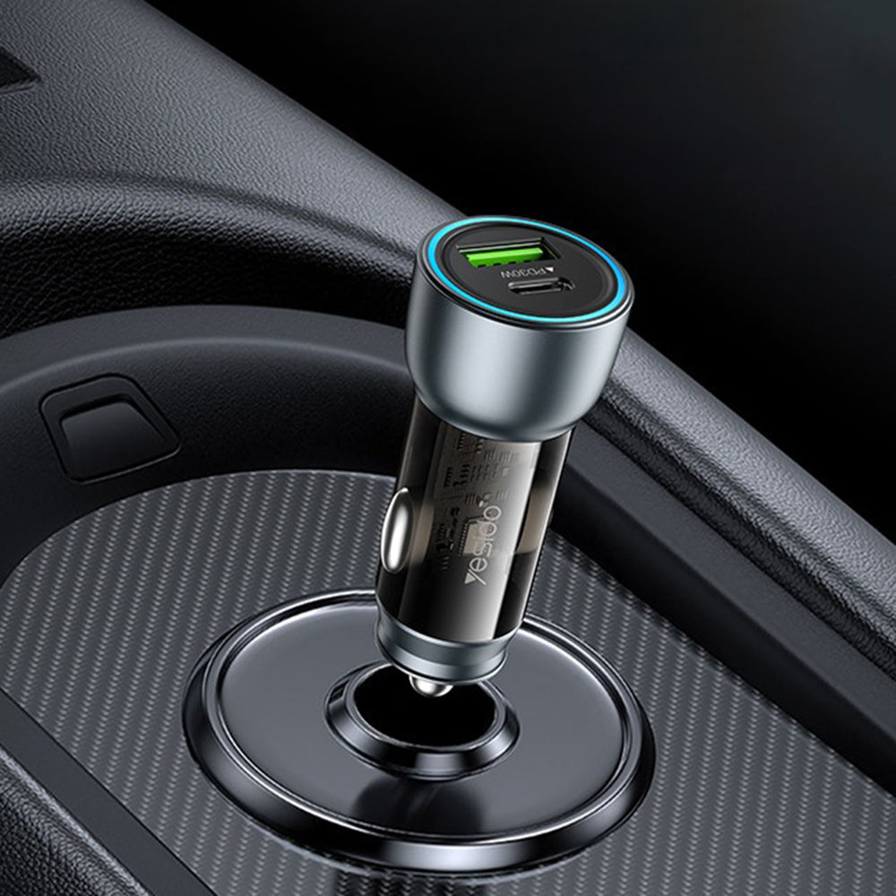 Avtomobilski polnilec Yesido Y49, 30W, 3A, 1 x USB-A - 1 x USB-C, Siv