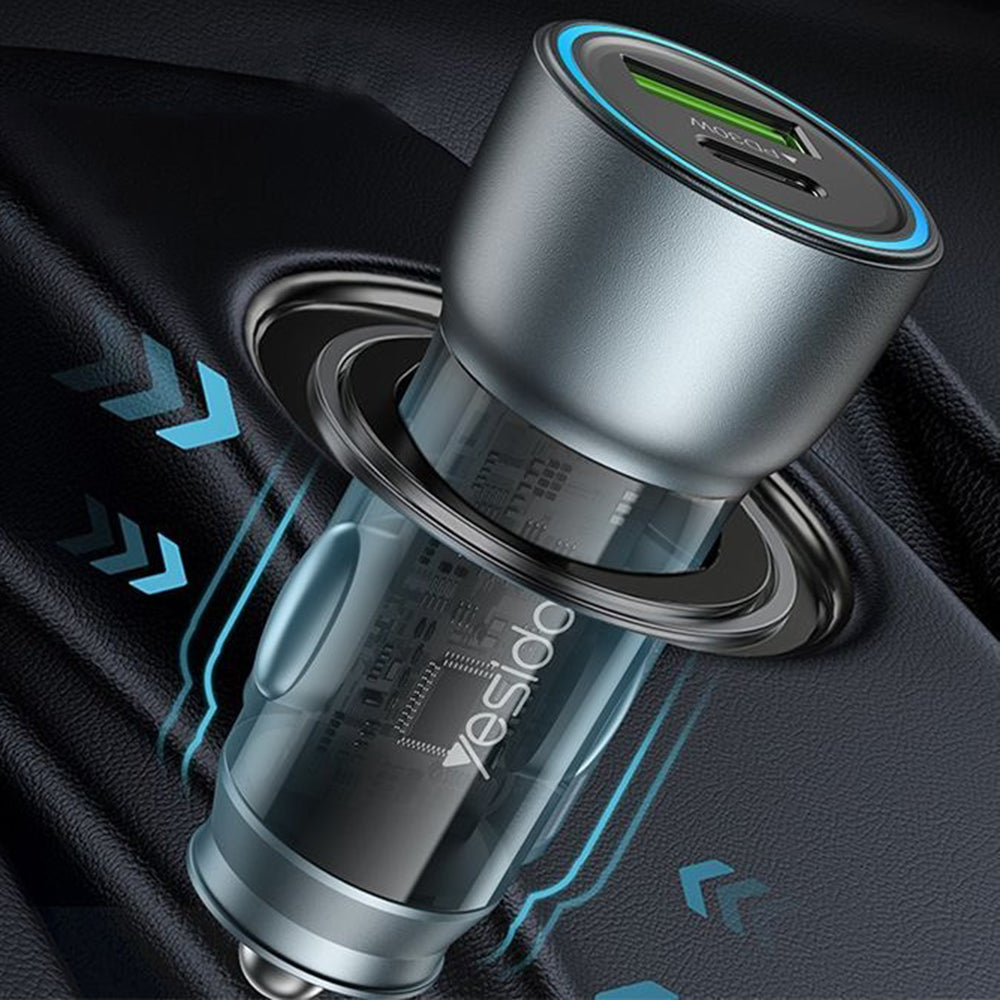 Avtomobilski polnilec Yesido Y49, 30W, 3A, 1 x USB-A - 1 x USB-C, Siv