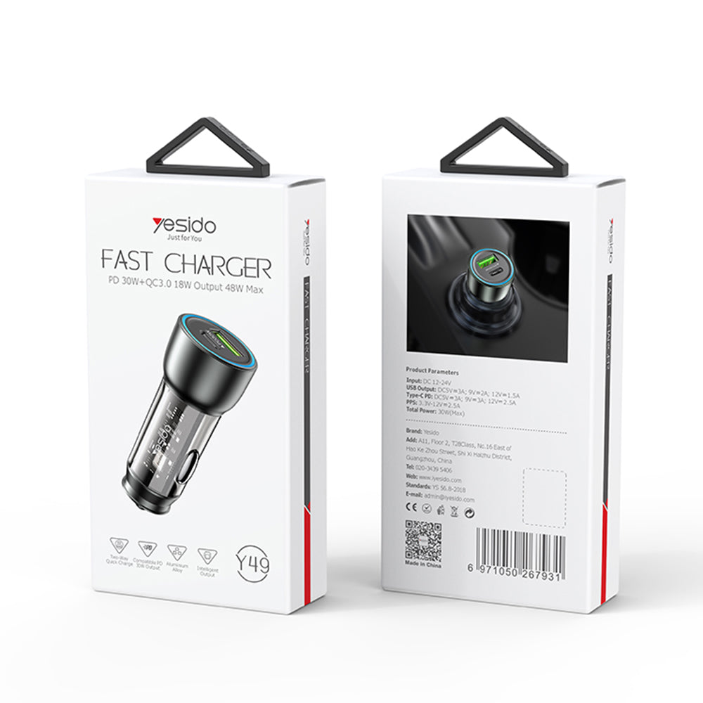 Avtomobilski polnilec Yesido Y49, 30W, 3A, 1 x USB-A - 1 x USB-C, Siv