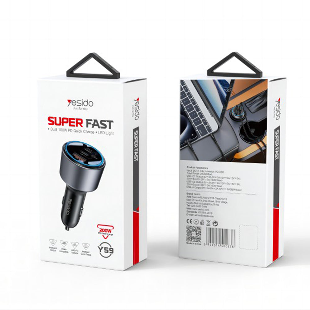Avtomobilski polnilec Yesido Y59, 200W, 5A, 1 x USB-A - 2 x USB-C, črn