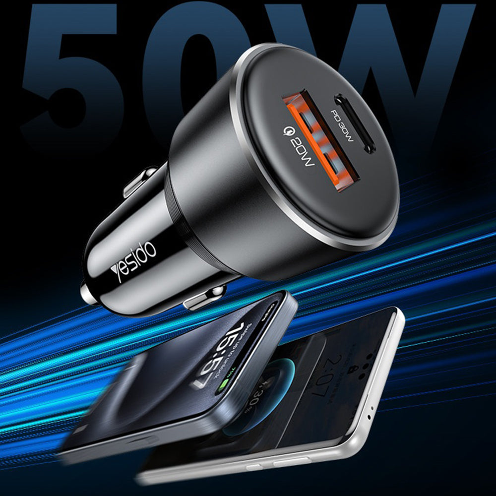 Avtomobilski polnilec Yesido Y64, 50W, 3A, 1 x USB-A - 1 x USB-C, črn